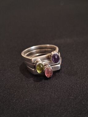 3 Vintage Sterling Multi-Gemstone Stack Ring (Size 8.75)
